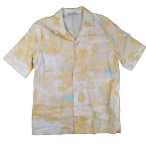 ZARA Button Down Shirt‎ Men Medium Yellow Floral Linen Blend Camp Short Sleeve
